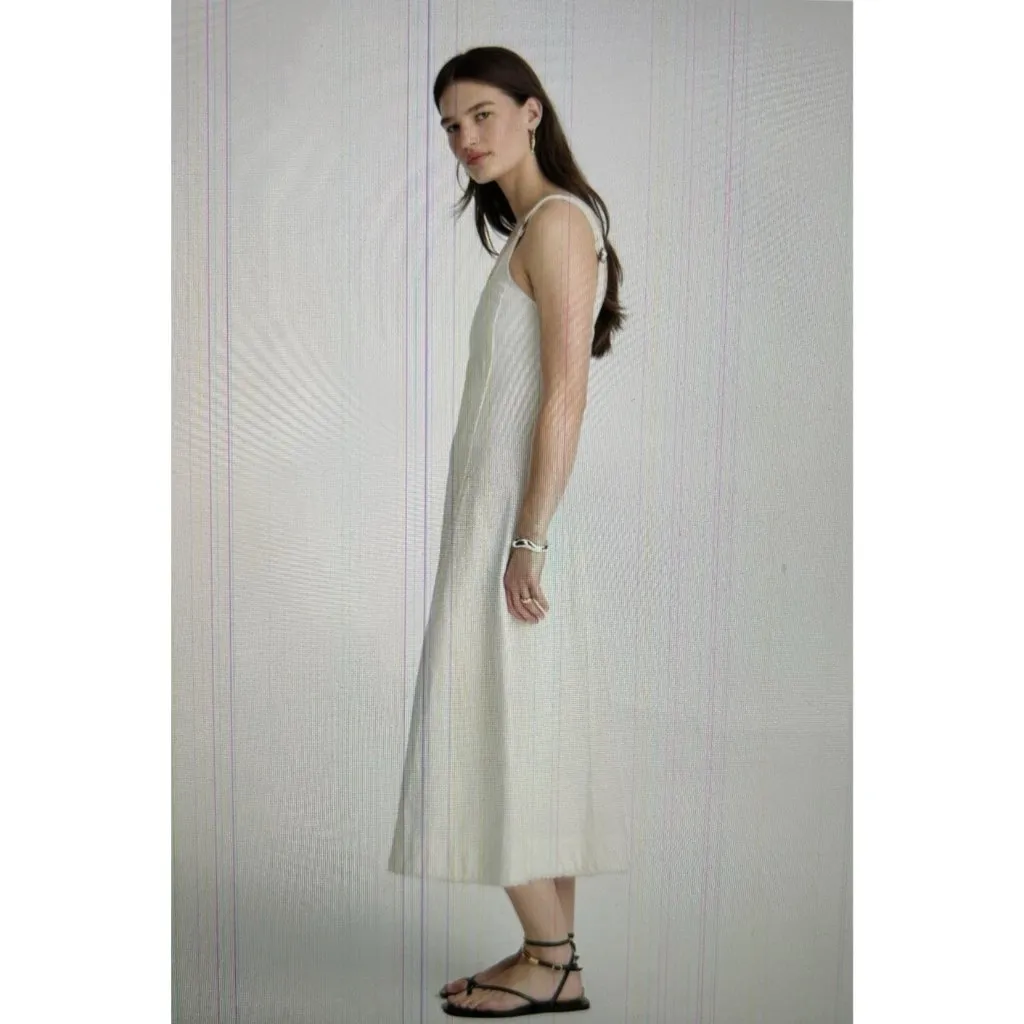 Madewell $148 Denim Scoopneck Midi Dress Pure White Wash A Line Raw Hem Size S - Image 3