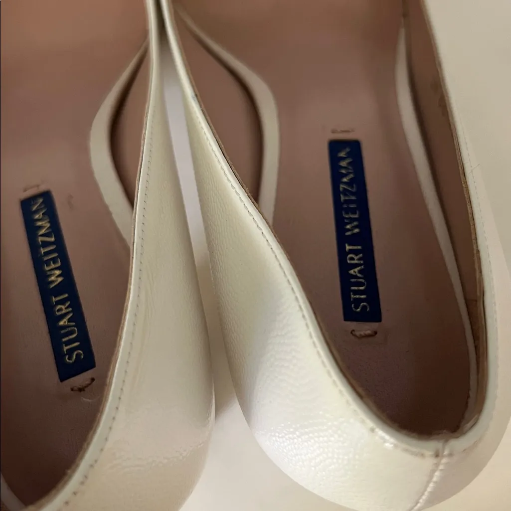 STUART WEITZMAN Laney Pointed Toe Block Heel Pebbled Leather Pumps Ivory 8 - Image 6