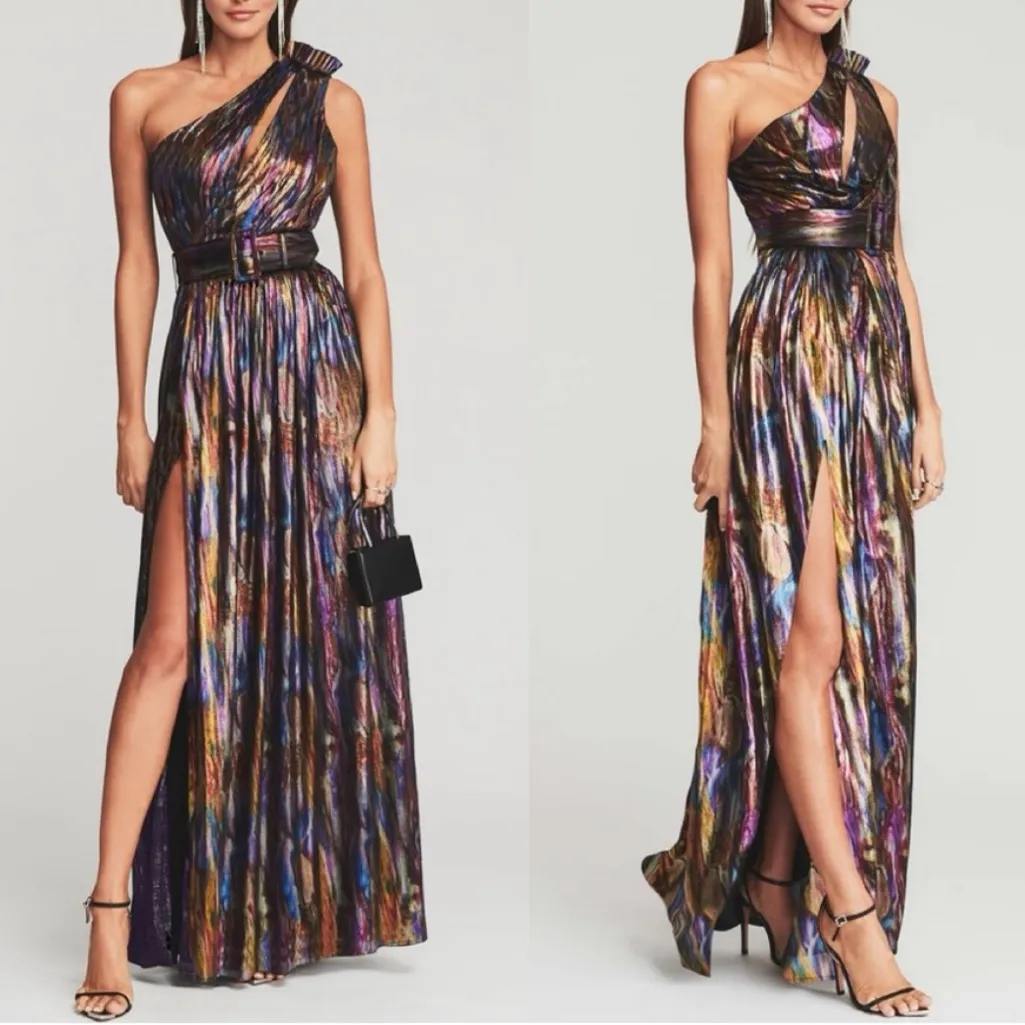 NWT RETROFETE Andrea Maxi Dress Oil Spill Purple Iridescent One Shoulder Gown XS - Image 2