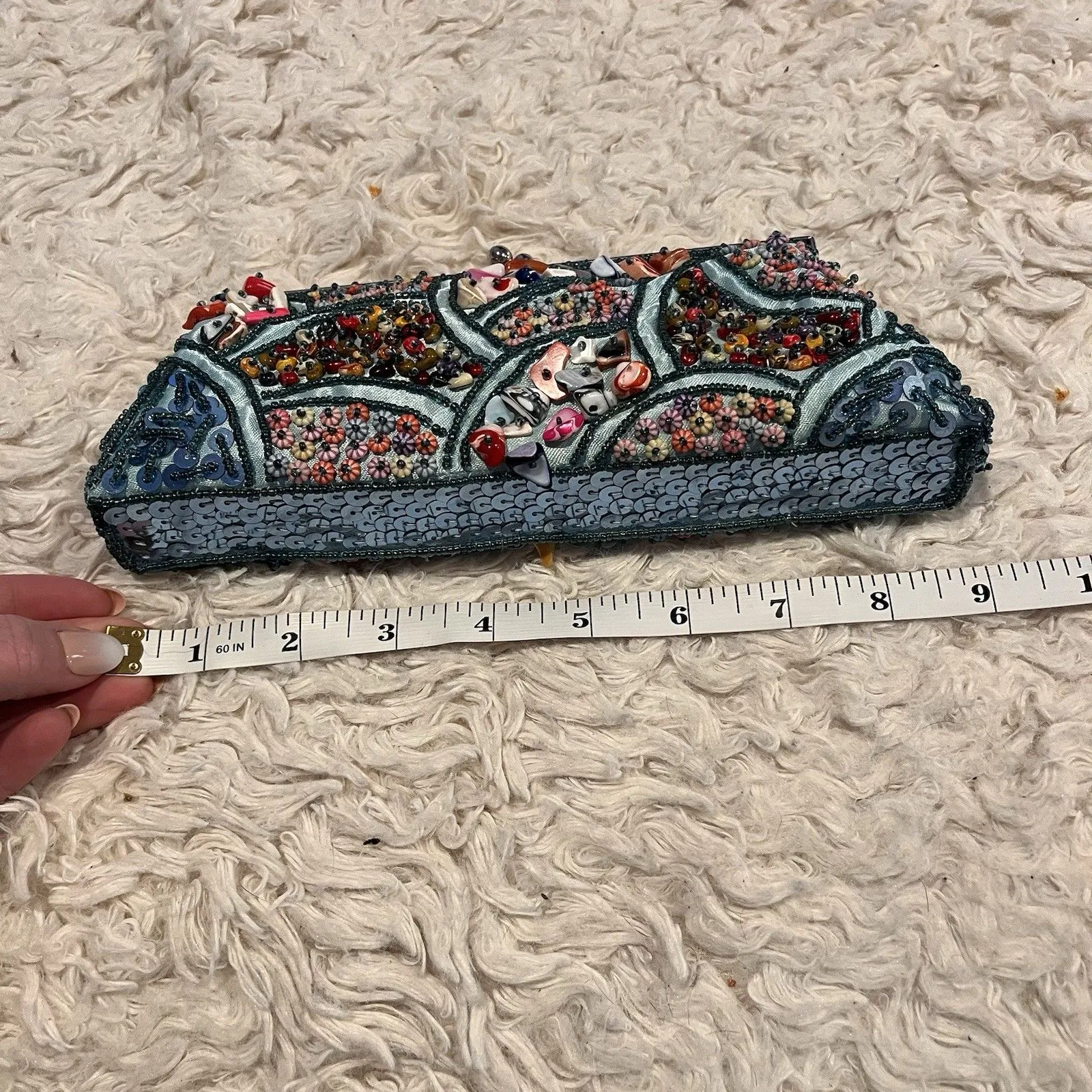 Hand Beaded Shell Clutch Purse Teal Blue Kiss Lock Evening Bag w/ Chain - Image 9