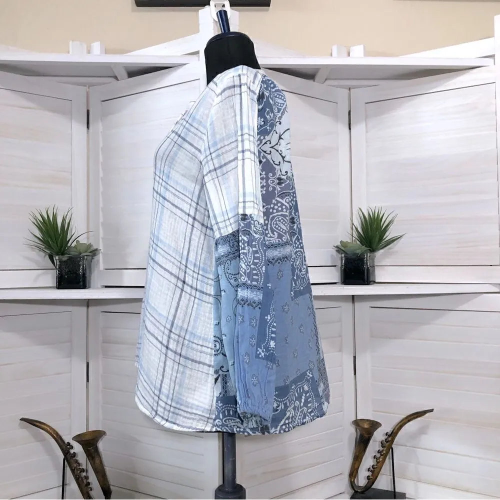 Johnny Was White Blue Paisley boho Gauze oversized Blouse ballooned sleeves XXS - Image 6