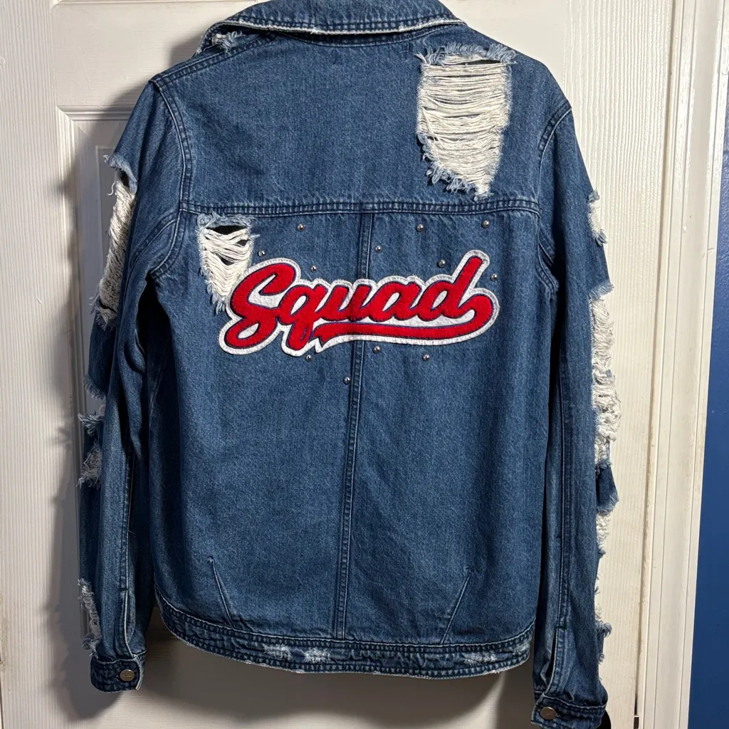Tinsel Distressed Denim Jacket with Red LA Squad Patch Small Blue - Image 2