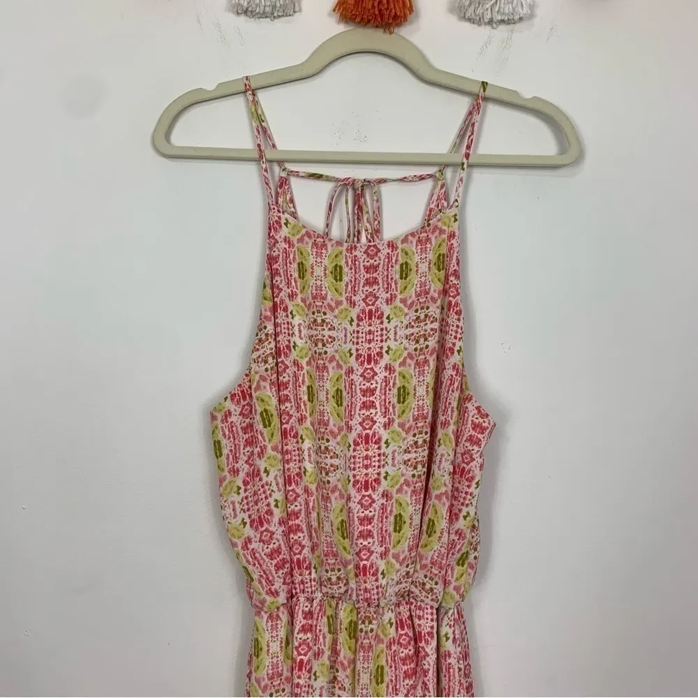 Everly Open Back Watercolor Pattern Romper Pink Green Size Large - Image 3