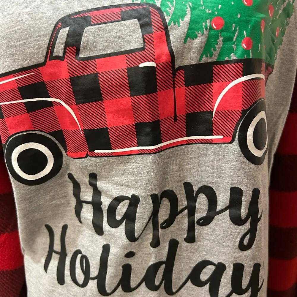 Christmas Red Truck Happy Holidays Plaid Flannel Pajamas Set Women’s Size Large - Image 4