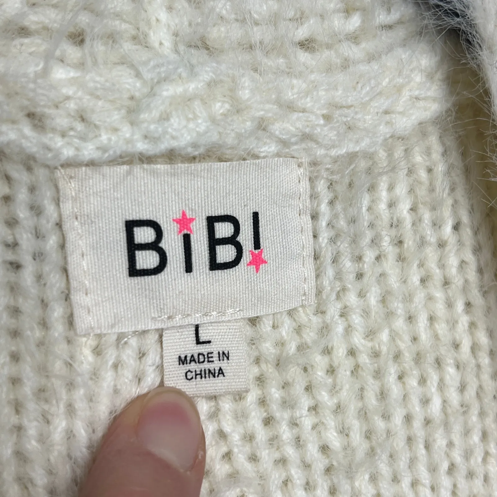 BiBi Fuzzy Eyelash Knit Stripe Cardigan Sweater Cream Open Front Size Large Blue - Image 3