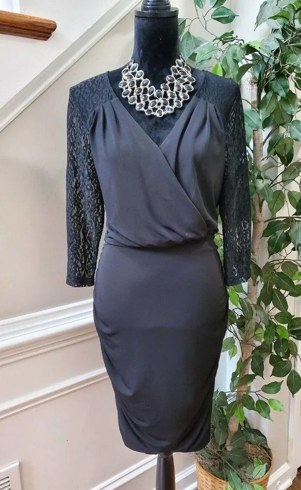 Thalia Sodi Black Solid Polyester V-Neck Lace Long Sleeve Knee Length Dress L/G - Image 14