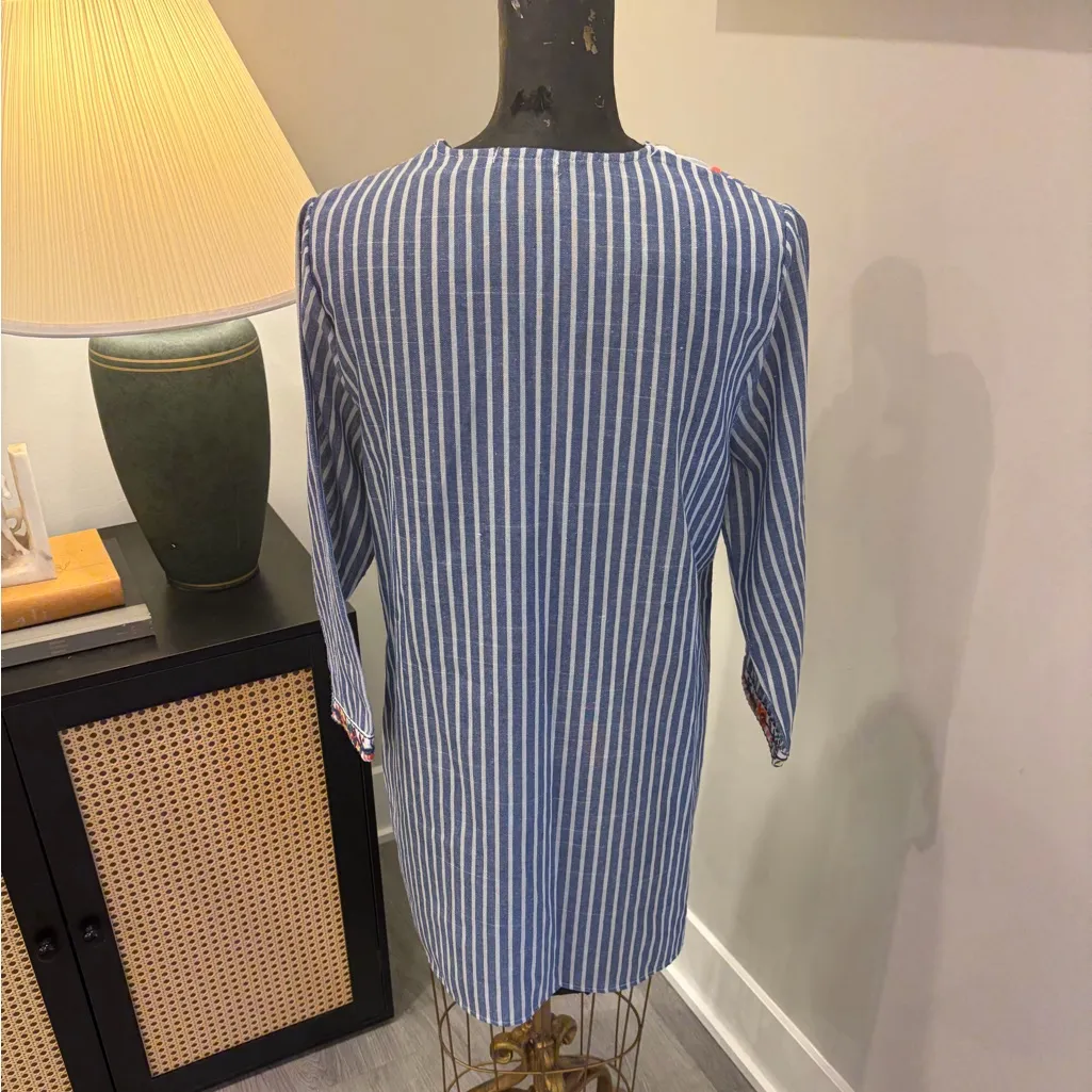 Top It Off Embroidered Striped Tunic Coastal Mini Dress Size Small Resortwear Blue - Image 12