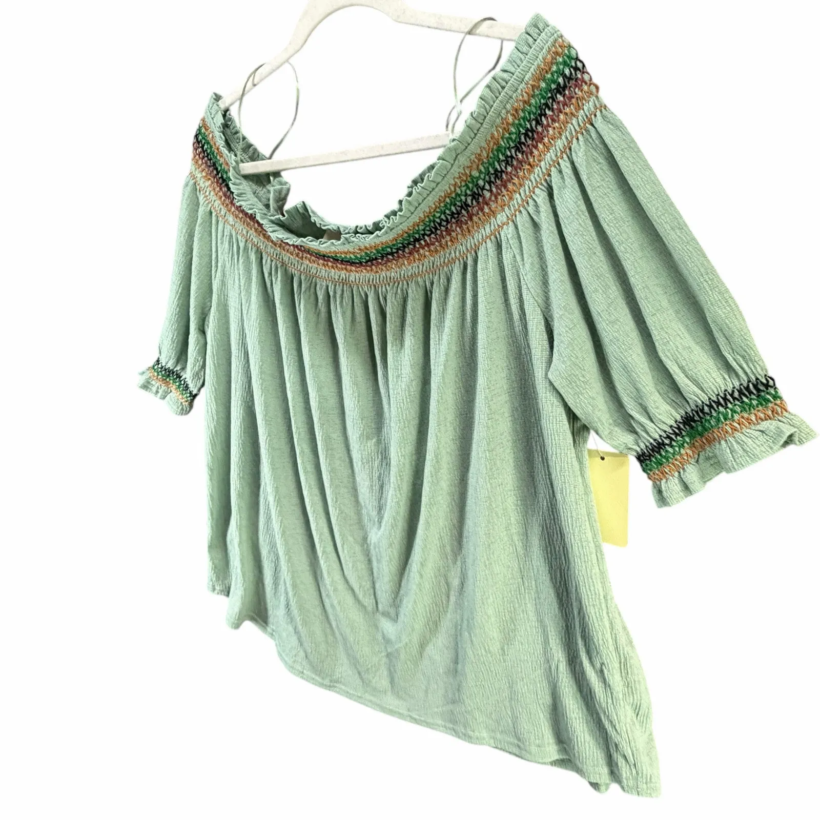 Flower & Feather Off Shoulder Top Women 3XL Light Green Embroidered Peasant Boho Size 3X - Image 2