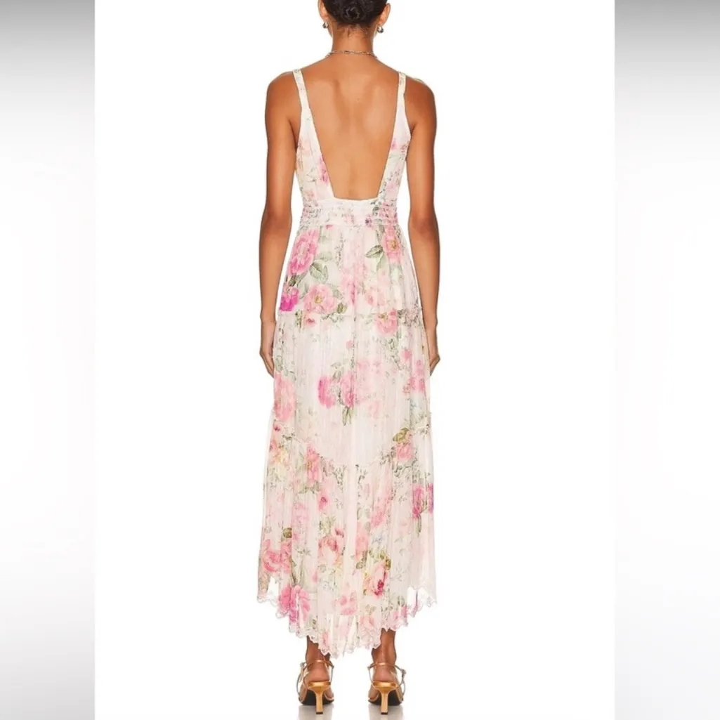 Hemant & Nandita Women’s Anka Pink Floral Peony Tiered White Metallic Midi Dress Size L - Image 6