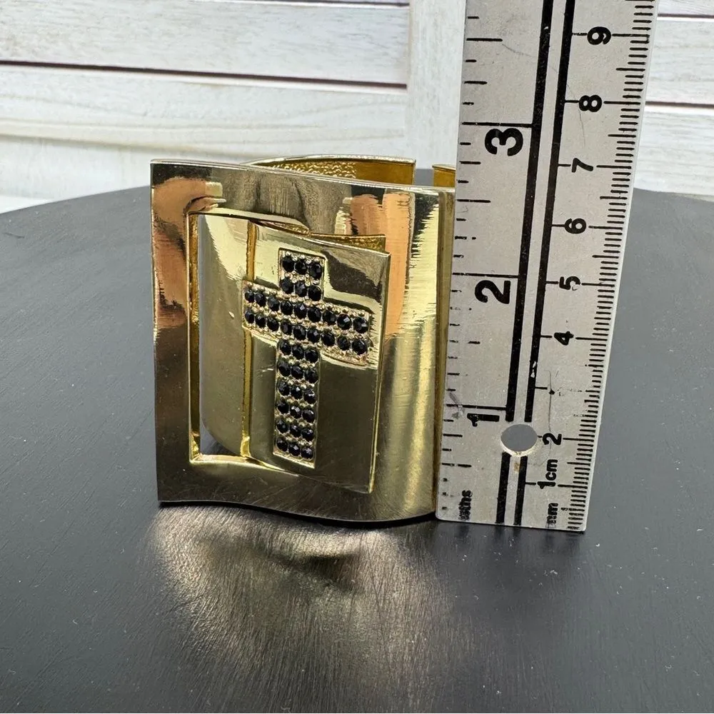 Gold Metal Black Rhinestone Cross Cuff Bracelet Chunky Wide - Image 11
