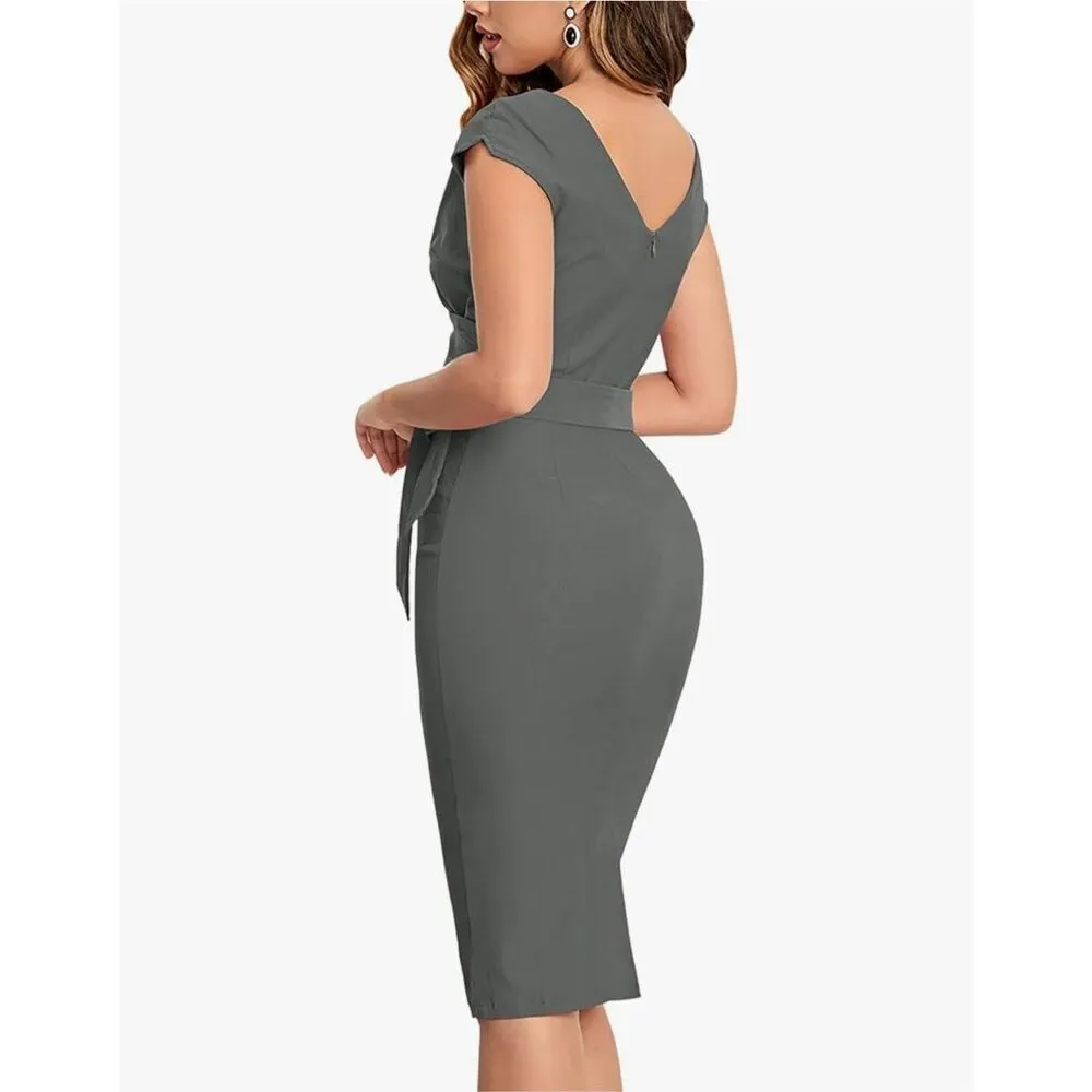 NEW Vintage 1950s Style Wrap Formal Cocktail Dress M NO BELT Gray Size M - Image 2