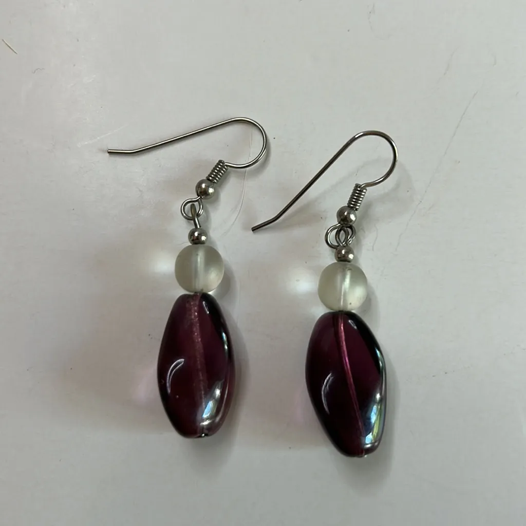 9 pair lot of dangling silvertone earrings some with purple blue green stones - Image 4