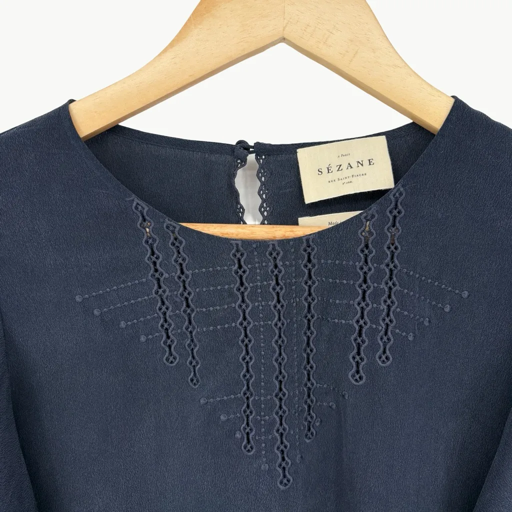 Sézane Matty Ruffle Silk Short Sleeve Blouse | Sz FR 38 (US 6) | Navy Blue - Image 7