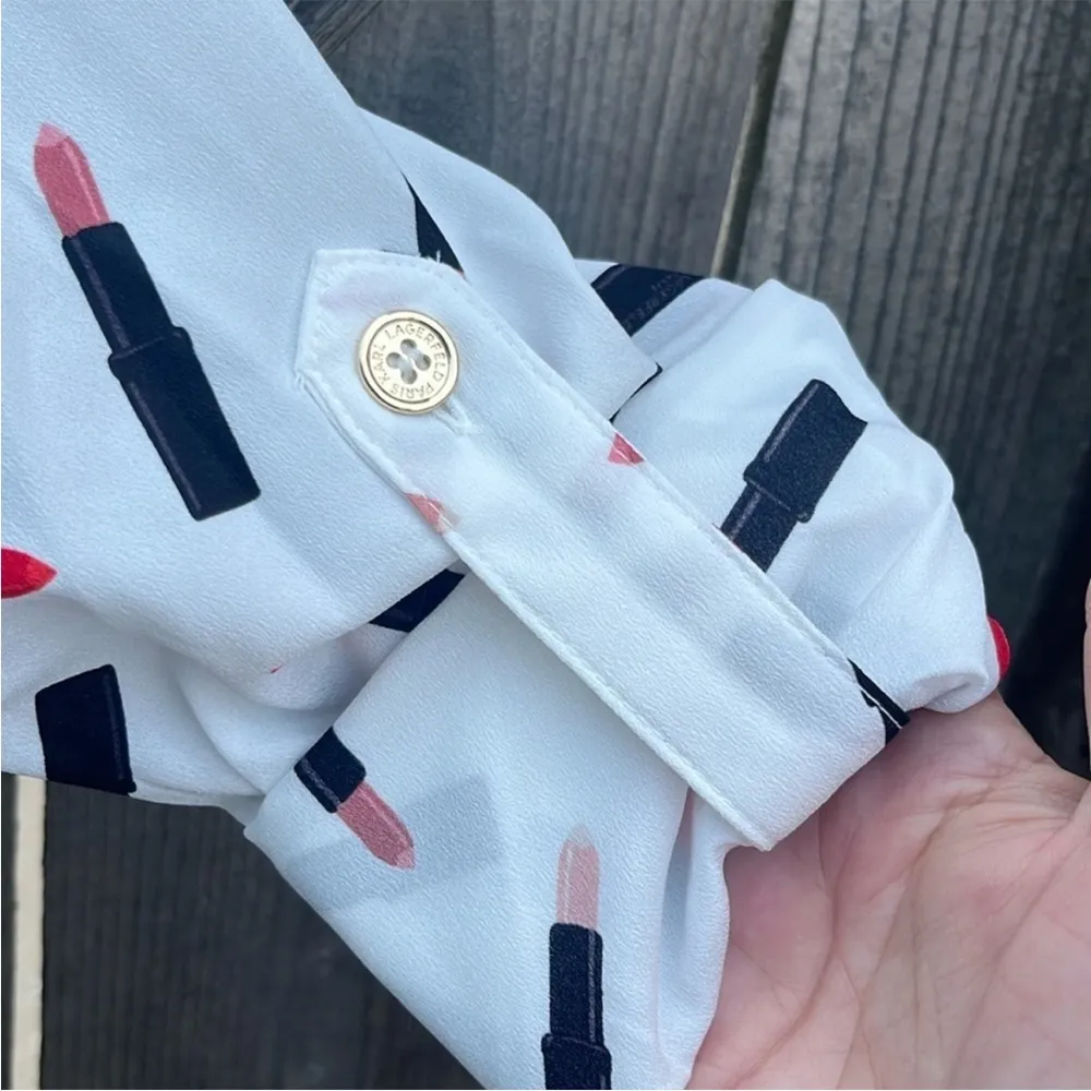 NWT Karl Lagerfeld Lipstick Pattern Long
Slv Roll Tab Blouse Generous XS - Image 6