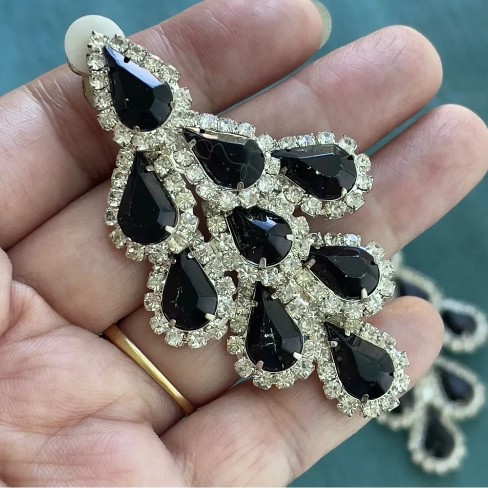 Shiny Vintage black rhinestone silver tone Earrings NWT - Image 2
