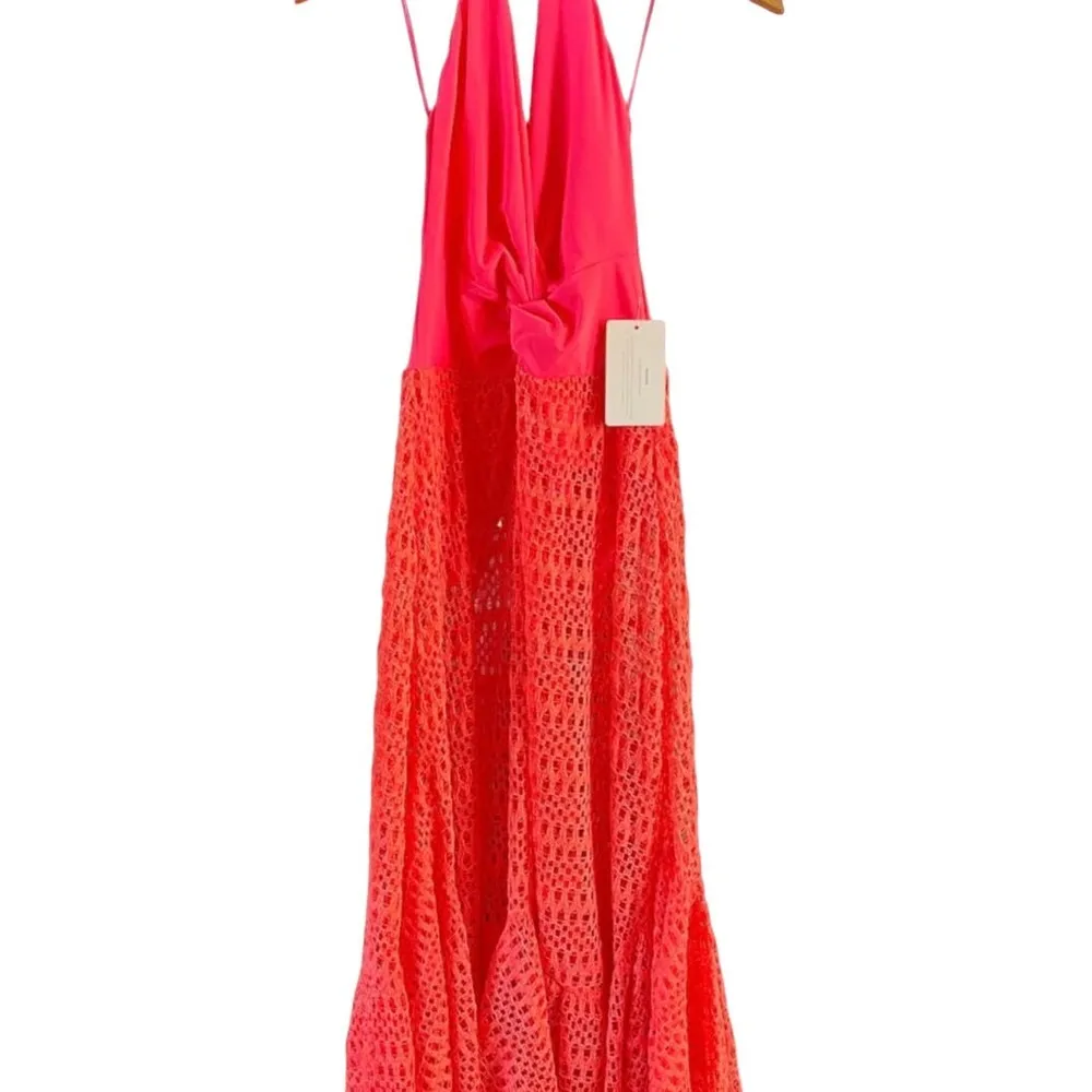 PATBO Crochet Beach Dress Halterneck Neon Coral Resort Influencer Medium NWT - Image 5