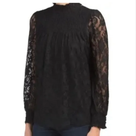 Anthropologie Cable & Gauge Women's M Black Lace High Neck Long Sleeve Blouse - Image 2