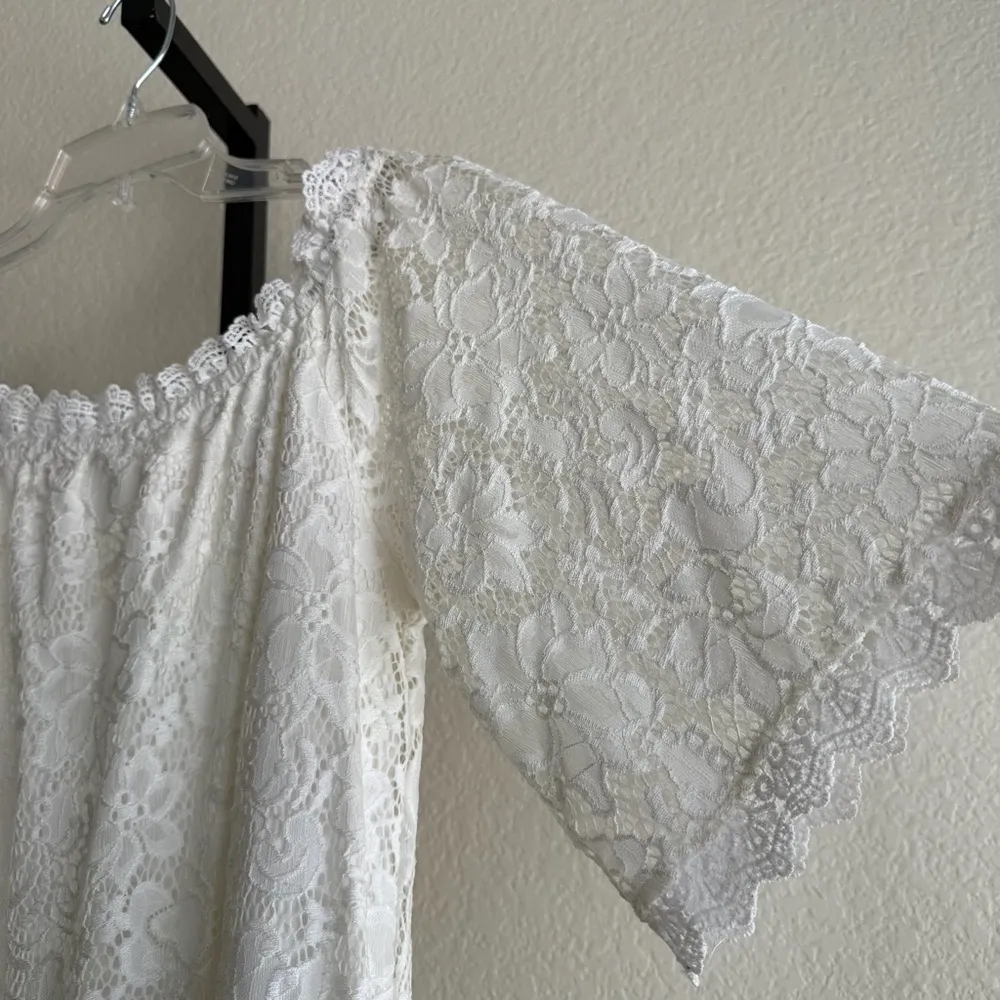 Kate Kasin Ivory Lace Off Shoulder Dressy Top Mini Tunic Bridal Cottagecore Chic White Size L - Image 6