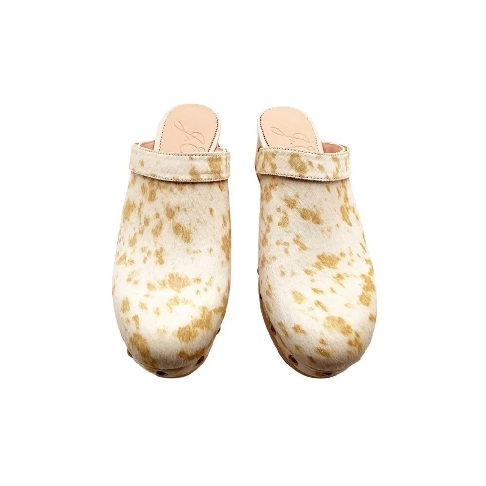 J.CREW Calf Hair Convertible Strap Leather Clogs Women 7.5 Wood Sole Studded Yellow - Image 6