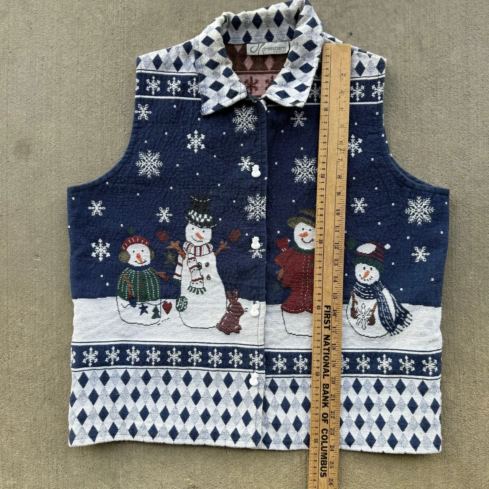 Vintage 90s Dressbarn Tapestry Woven Snowman Snow Rustic Christmas Vest 14/16 Blue - Image 7