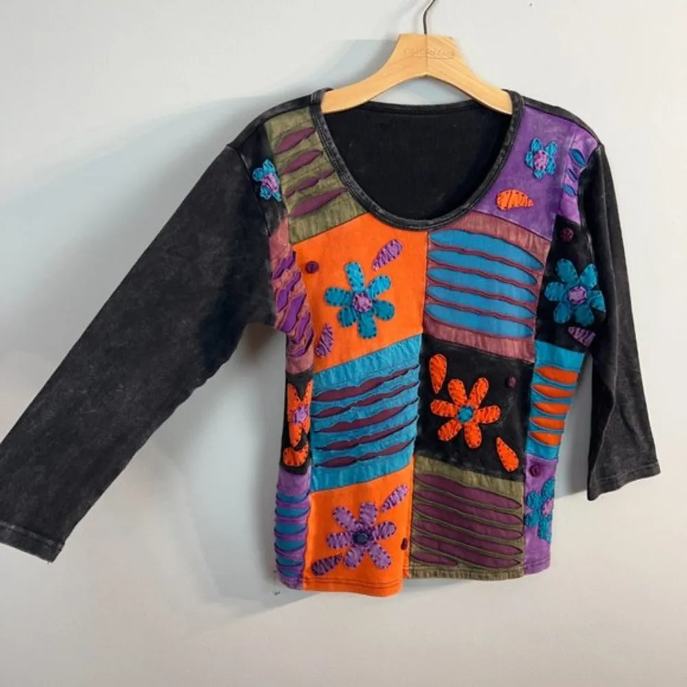 Art To Wear Top M Black Multicolor Floral Patchwork Embroidered Artsy Boho Women Size M - Image 3