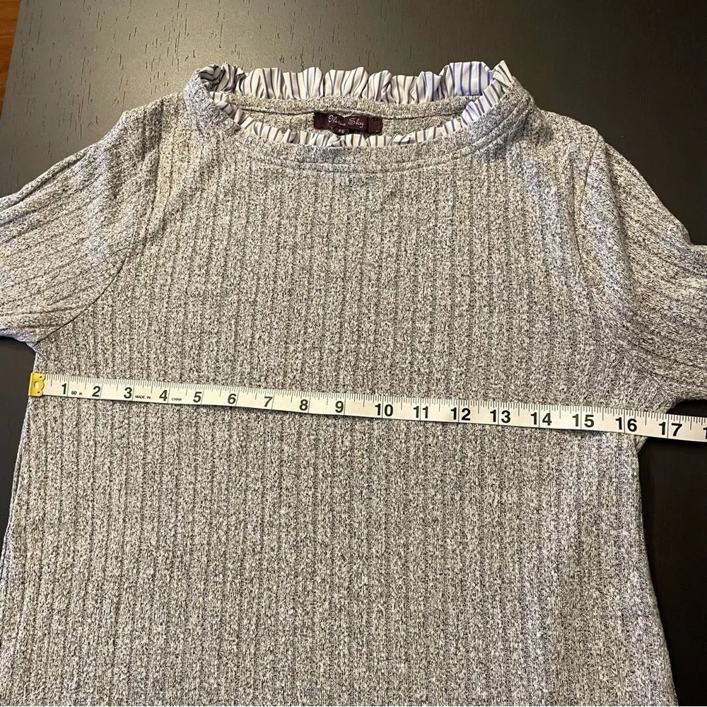 Olivia Sky Layered Look Ruffle Neck Gray Sweater Blue Stripes Women’s Size XS - Image 7