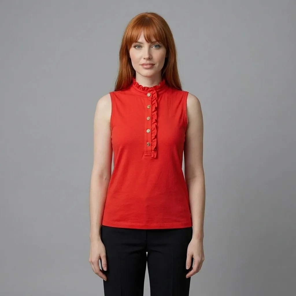 Tory Burch Red Orange Ruffle Sleeveless Polo Top Medium Polyester Blend - Image 2