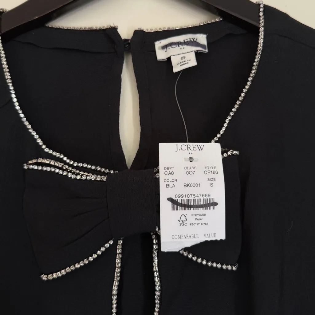 NWT J.CREW FACTORY Jeweled Bow Top Rhinestone Black Silver Holiday Small - Image 5