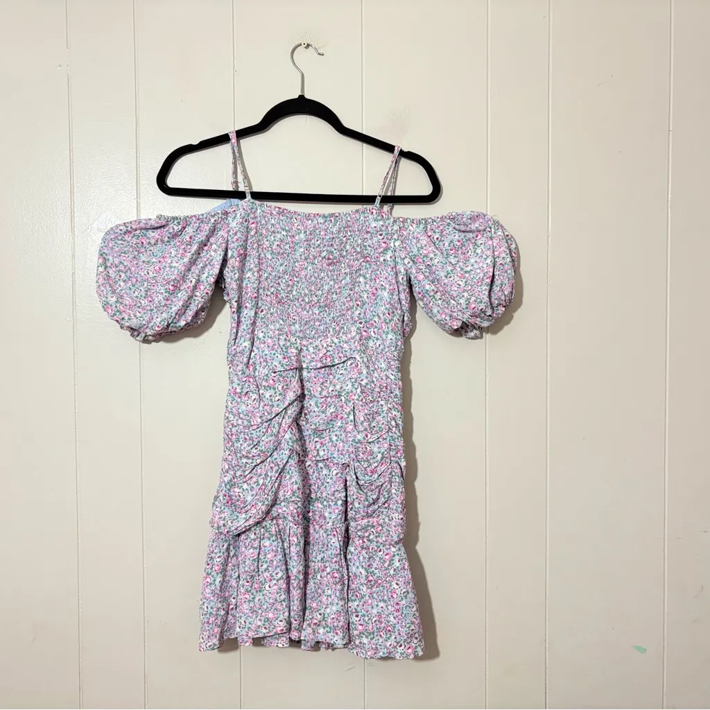 ASTR the Label Rushed Off Shoulder Blue Pink Ditsy Mini Floral Dress Size S - Image 8