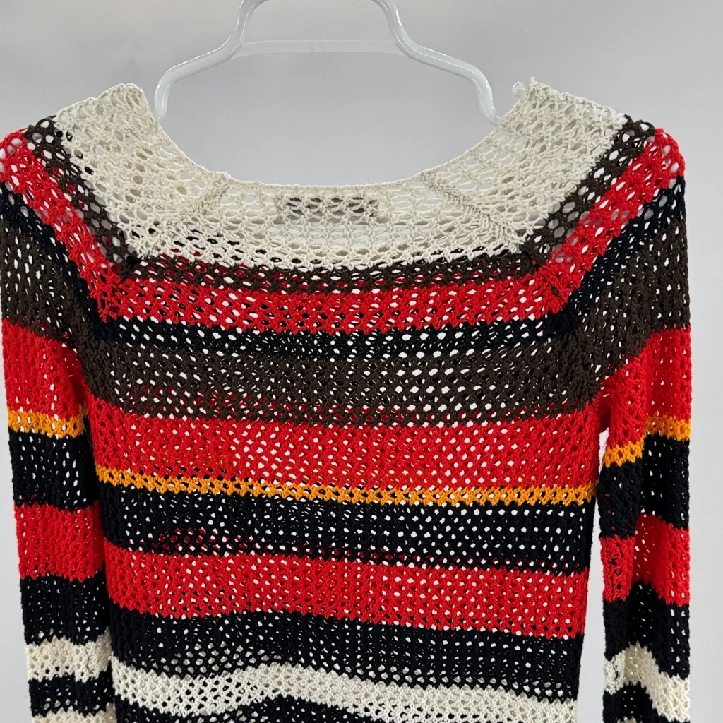 Amisu Colorful Striped open Knit crochet Sweater tassels fall coverup S neutral - Image 3
