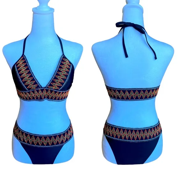 Sexy Black Bikini with Orange Yellow and Green Aztec Design Trim Womens Small - Image 2