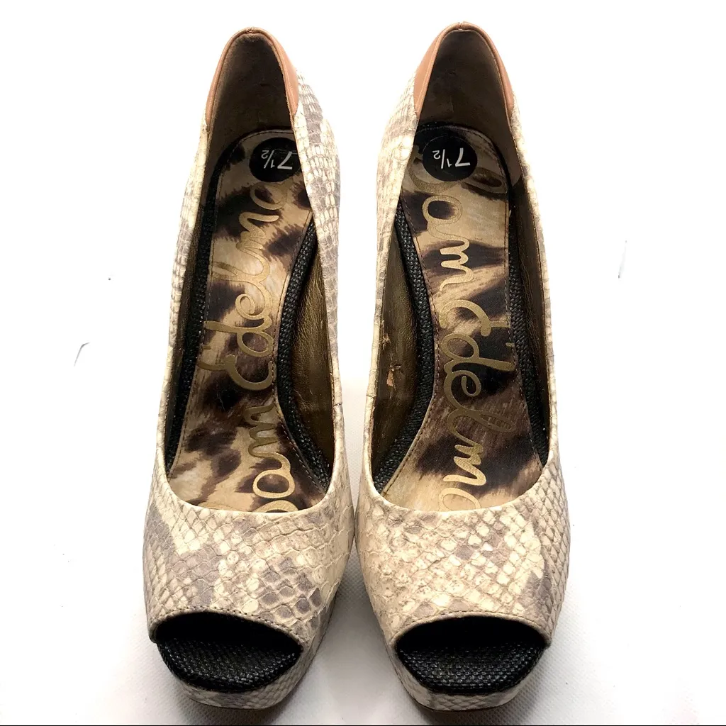 SAM EDELMAN "TACOMA" TAUPE & BROWN LEATHER SNAKESKIN PRINT PEEP-TOE HEELS - Image 9