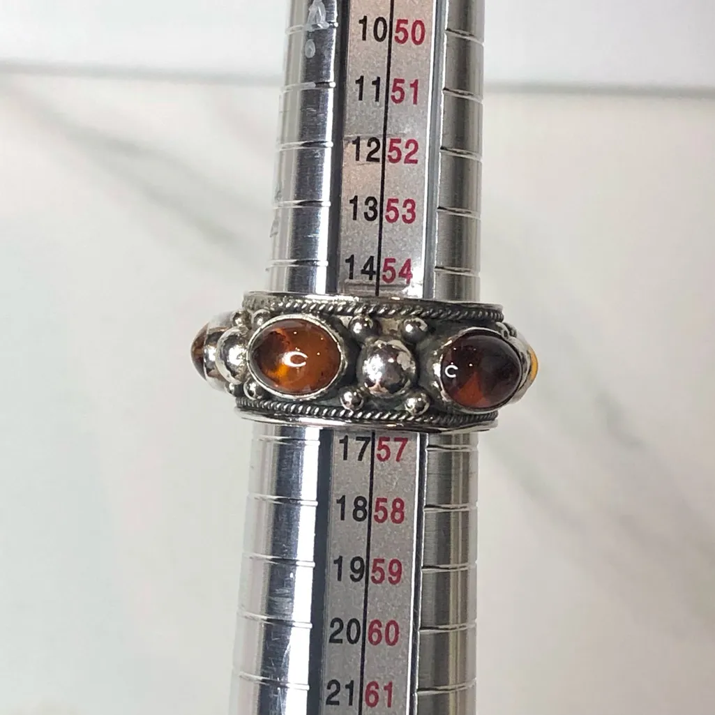 STERLING SILVER Wide Band Ring with Amber Cabochon and Rope Trim Detail Sz 7 - Image 13