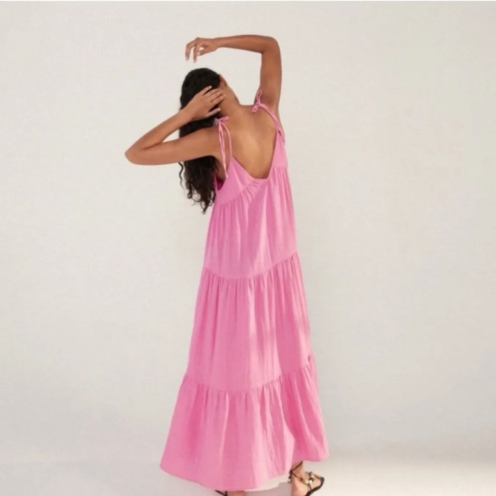 ZARA Cotton Candy Pink Tiered Maxi Dress Size XS Oversized Ties at Shoulder - Image 4