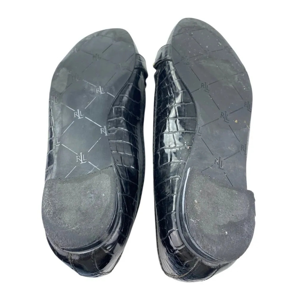 Ralph Lauren Women's Black Gold Logo Croc Leather Chain Slip On Loafers Shoes 6M - Image 4