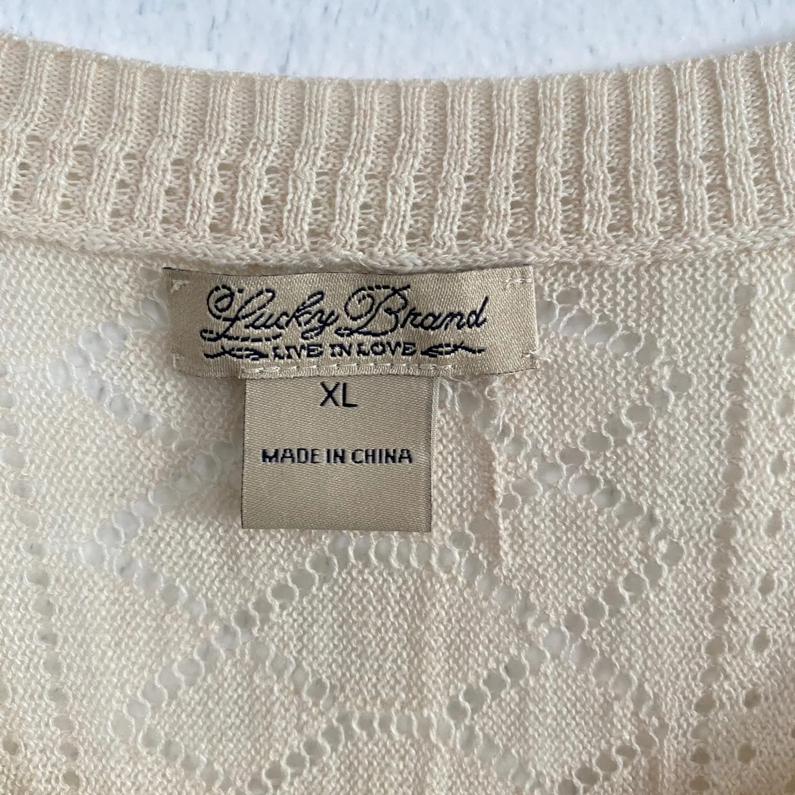 Lucky Brand Women's Top XL Beige Crochet Open Knit Tunic Sweater Boho Chic - Image 3