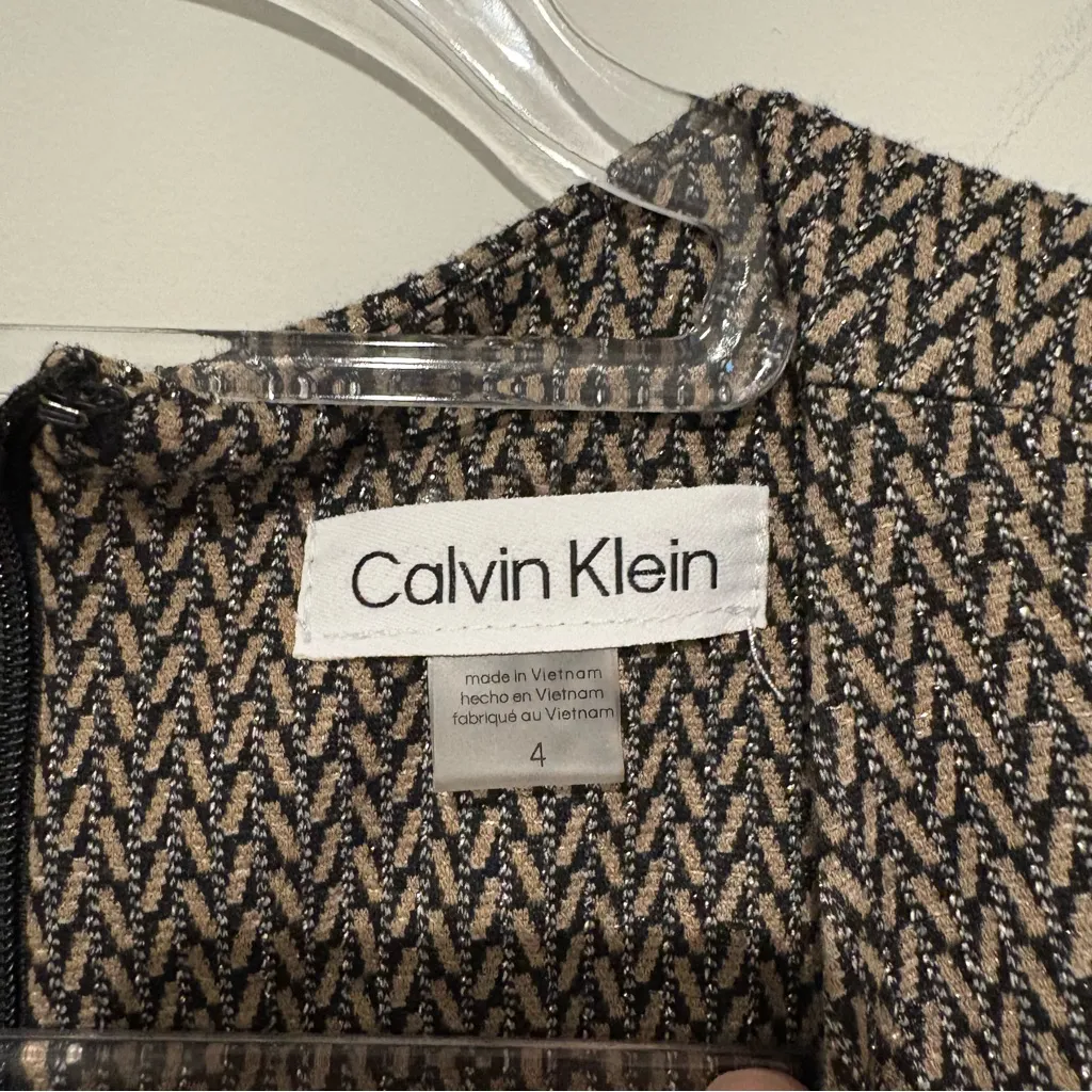 Calvin Klein Dress tweed lurax Sheath Ponte midi sparkly‎ dress black tan size 4 - Image 3
