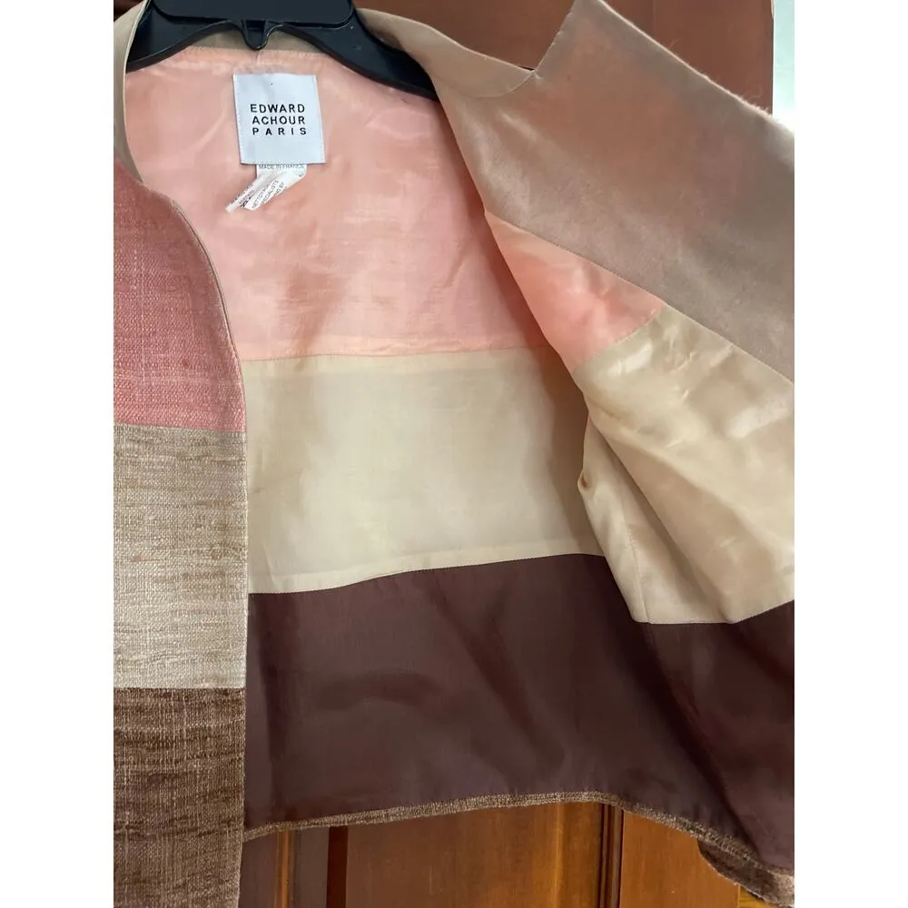 Edward Achour Paris raw silk cropped color block balzer in caramel size 42/10 Brown - Image 4