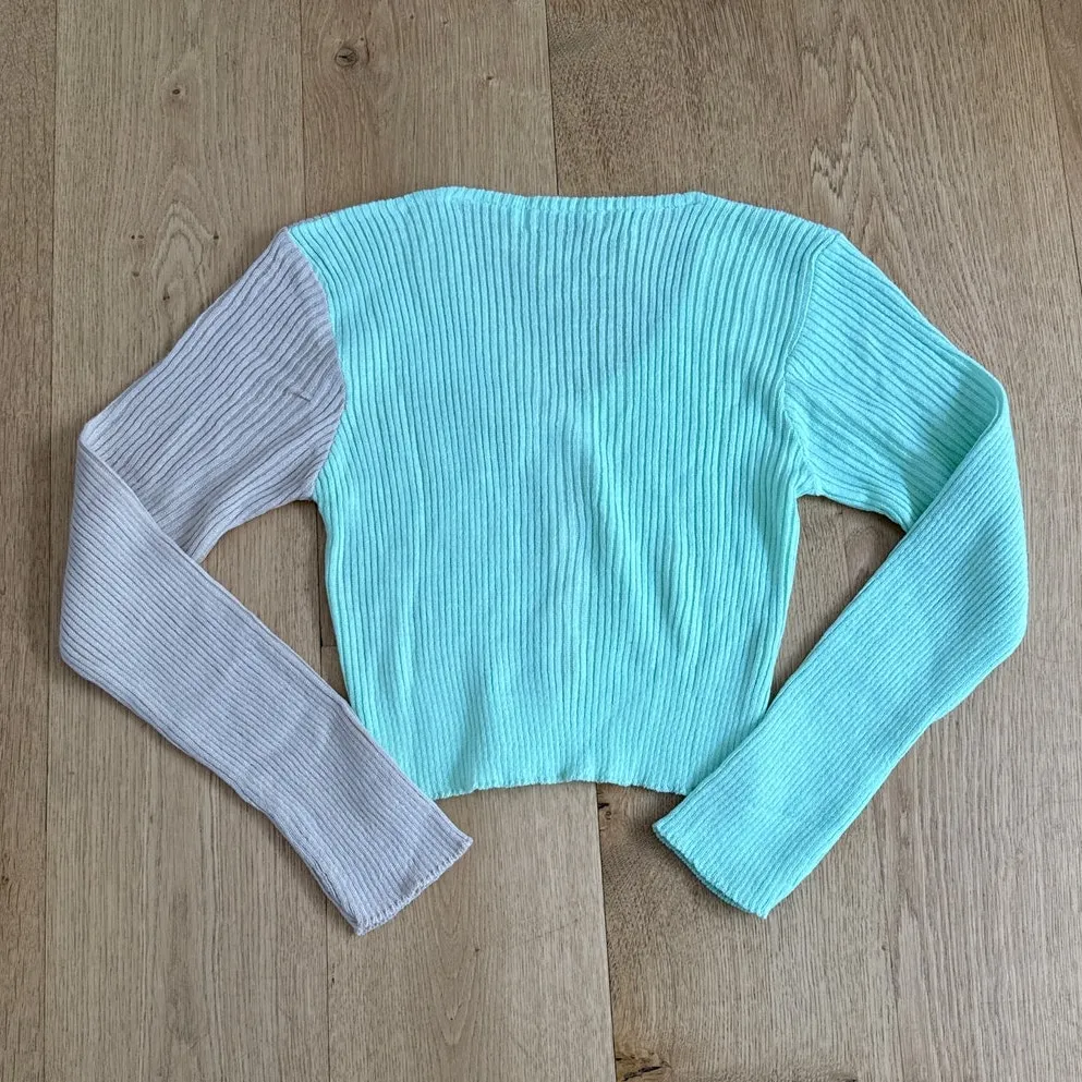 REBELFLOW Ribbed Cardigan Color Block Size XS Mint Green & Brown - Image 3