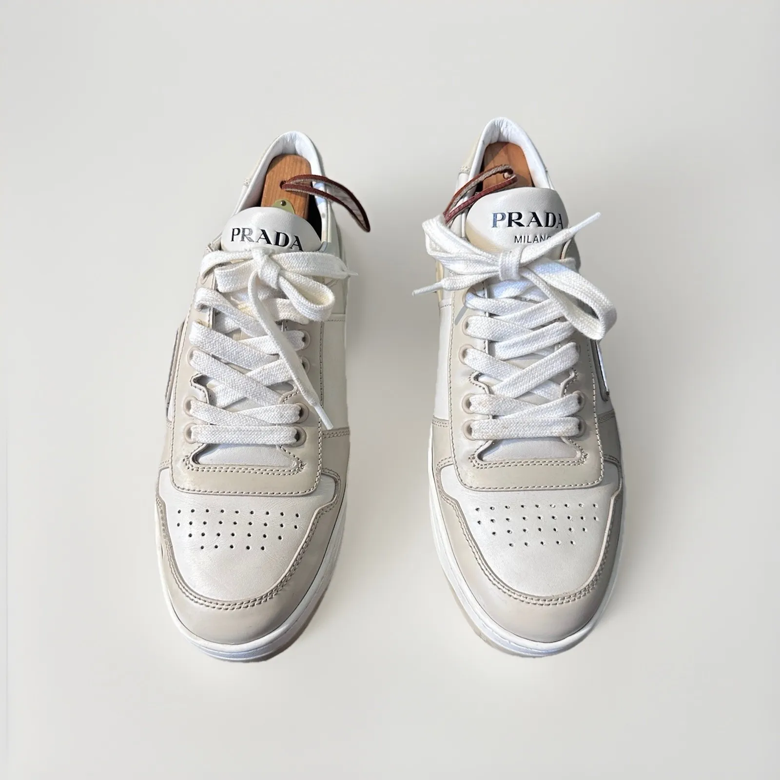 PRADA  Downtown Perforated White Leather Sneakers Women's 39/9 EUC 1E792M - Image 2