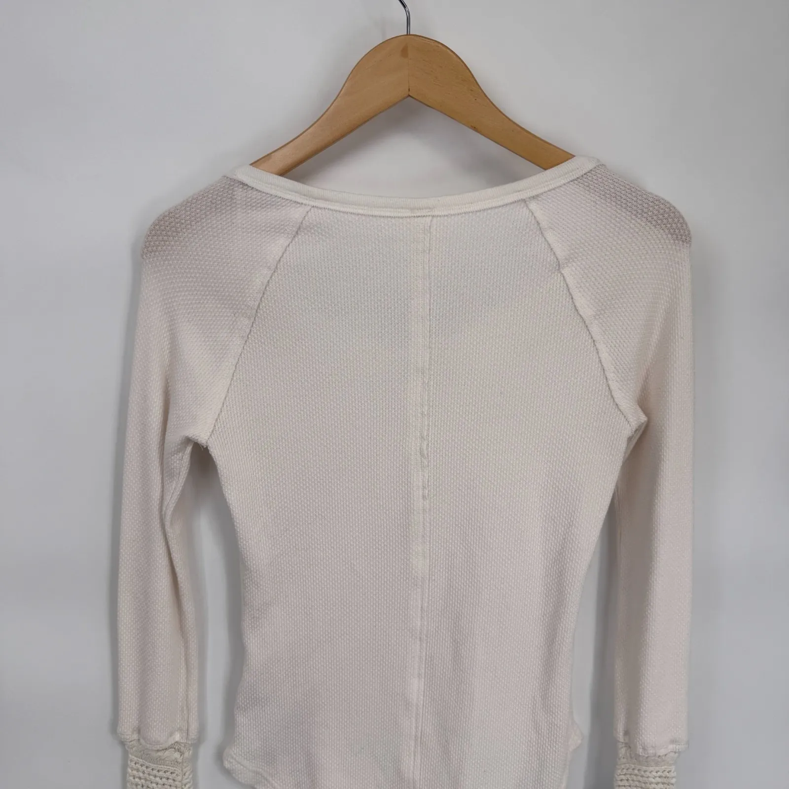 Free People Alpine Cuff Sleeve Thermal Henley Waffle Knit Women's S White Blue - Image 9