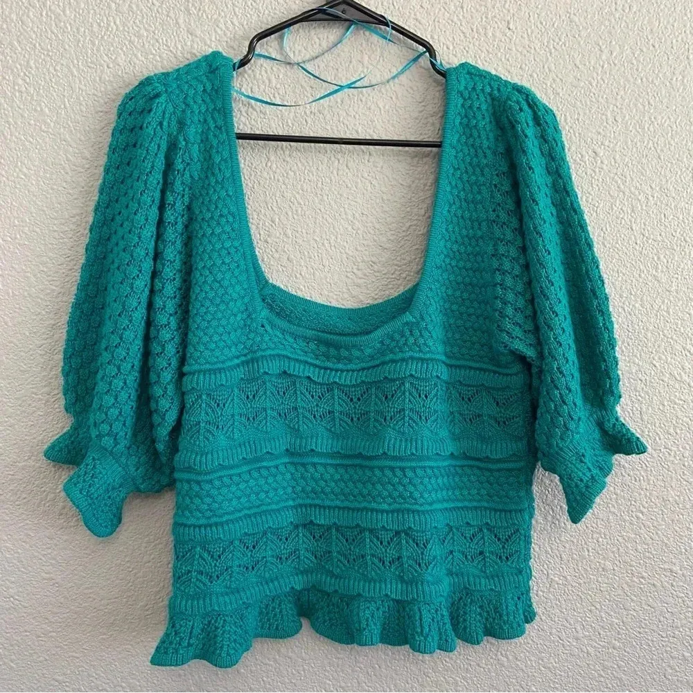 BiBi Urban Outfitters Crochet Sweater Cropped Cuff Sleeves Size‎ XL Green - Image 4