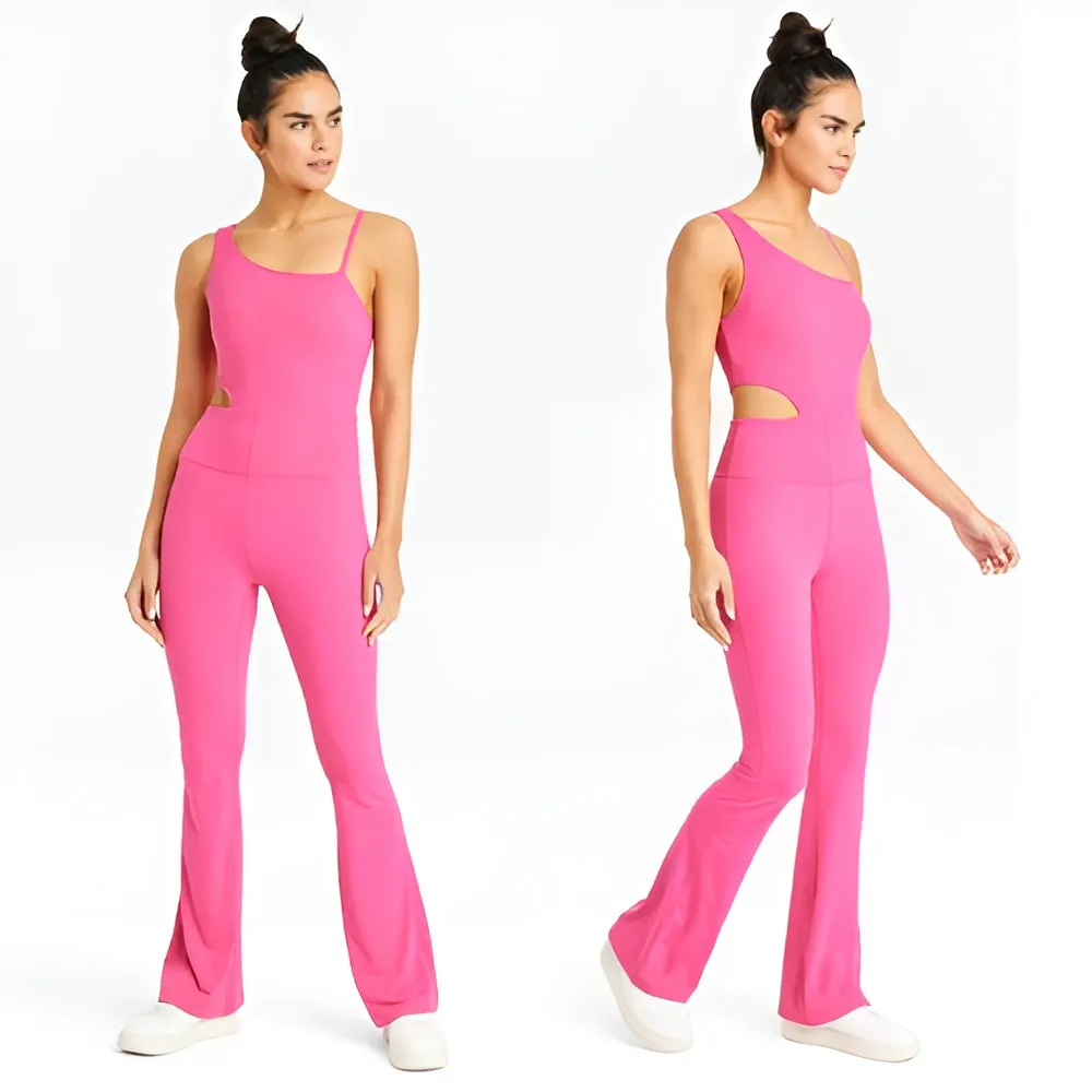 JoyLab Womens Athleisure Cutout‎ Asymmetrical Neck Flare Leg Bodysuit Jumpsuit L - Image 2
