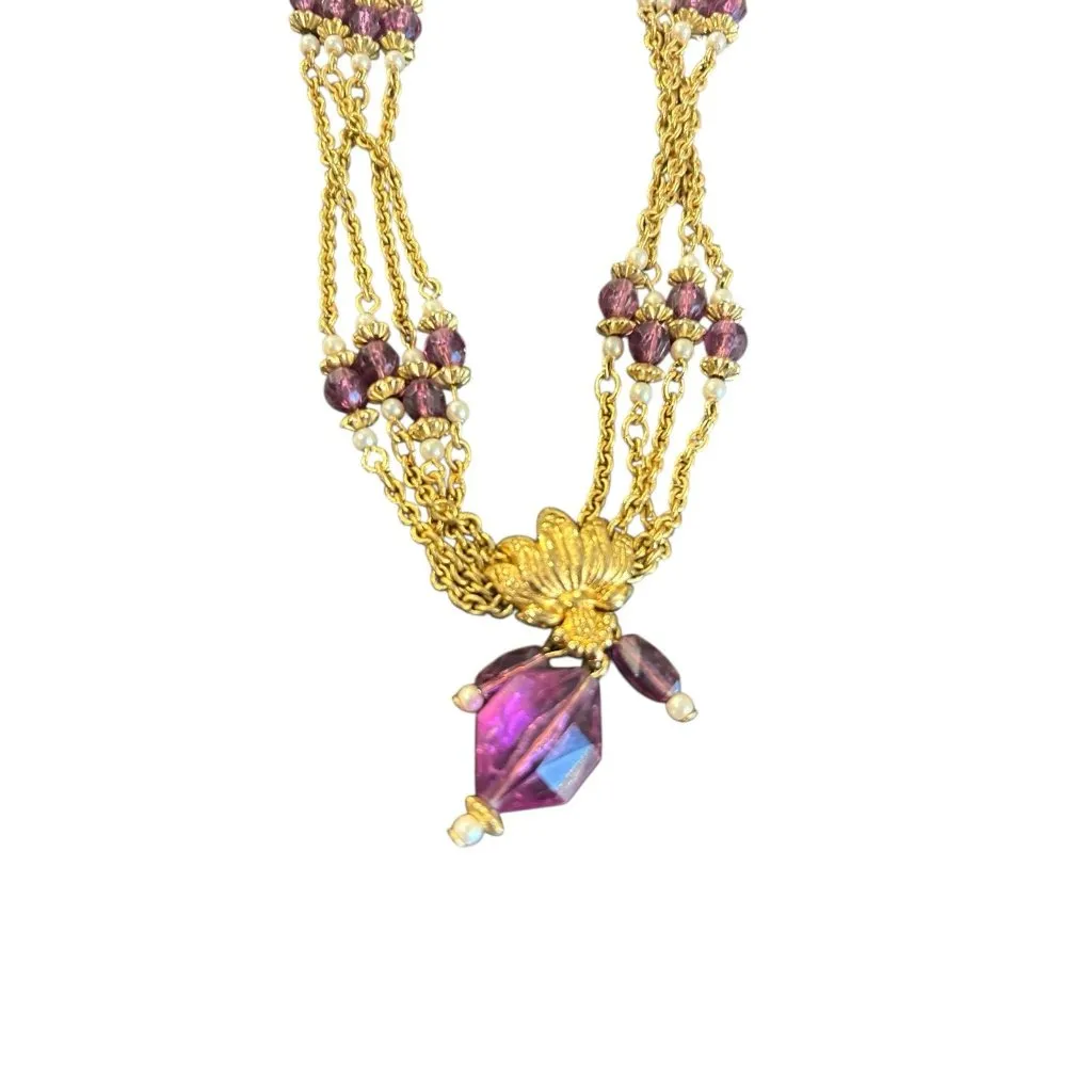 Vintage y2k gold tone Avon 4 strand pendant necklace with purple gems costume - Image 2