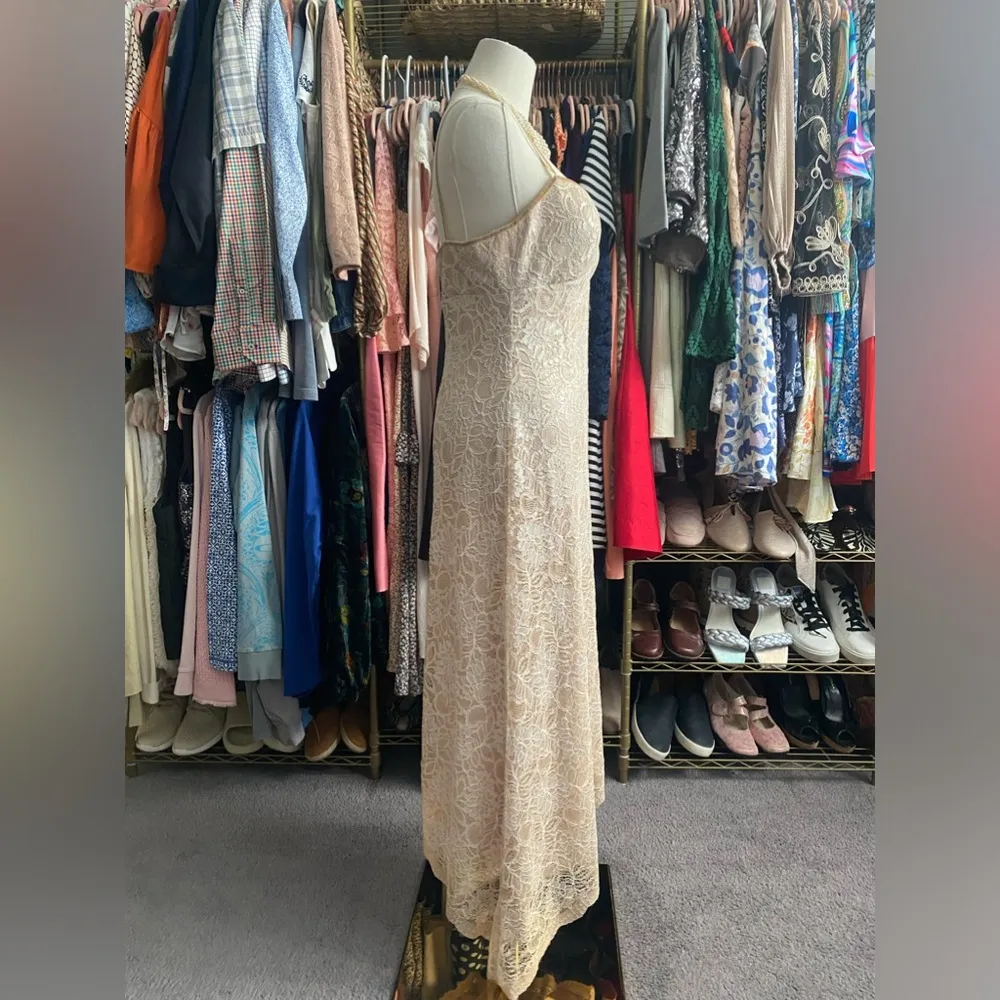 White House Black Market Asymmetrical Spaghetti Strap, Lace Overlay Dress. - Image 5