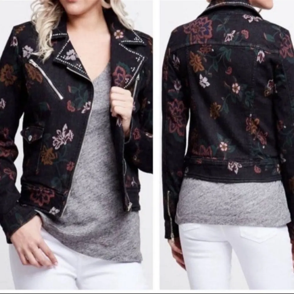 7 For All Mankind Vintage Black Floral Studded Moto Jacket - Image 2