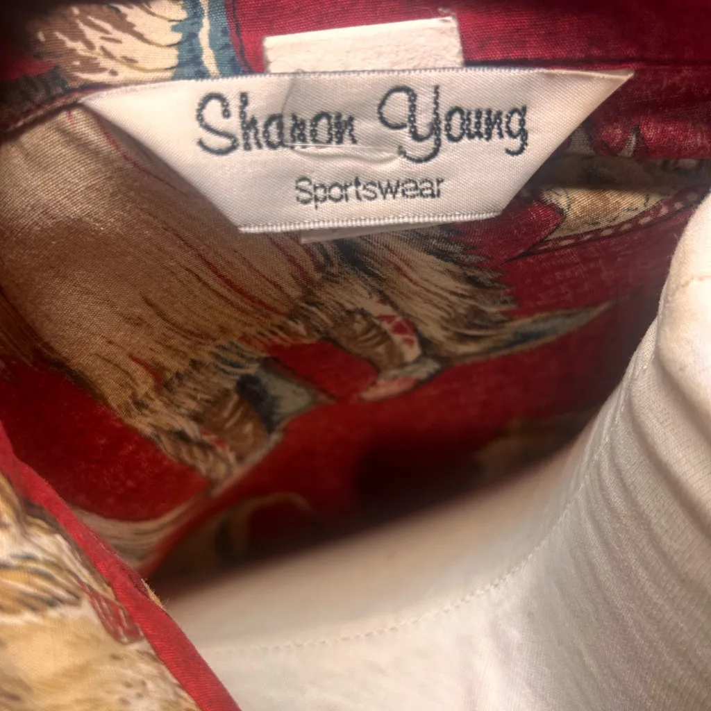 Vtg Sharon Young Western Shirt Size 10 Red Cowboy and Native American Indians Size L - Image 6
