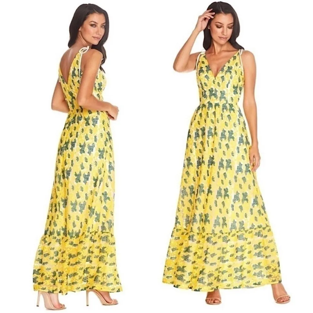 Dress the Population Sunny Floral Embroidery Tiered Dress Canary Yellow‎ Small - Image 2