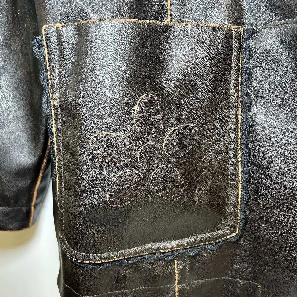Y2K 90s Faux Leather Brown Pleather Jacket Boho Hippie Flower Lace Distressed - Image 5