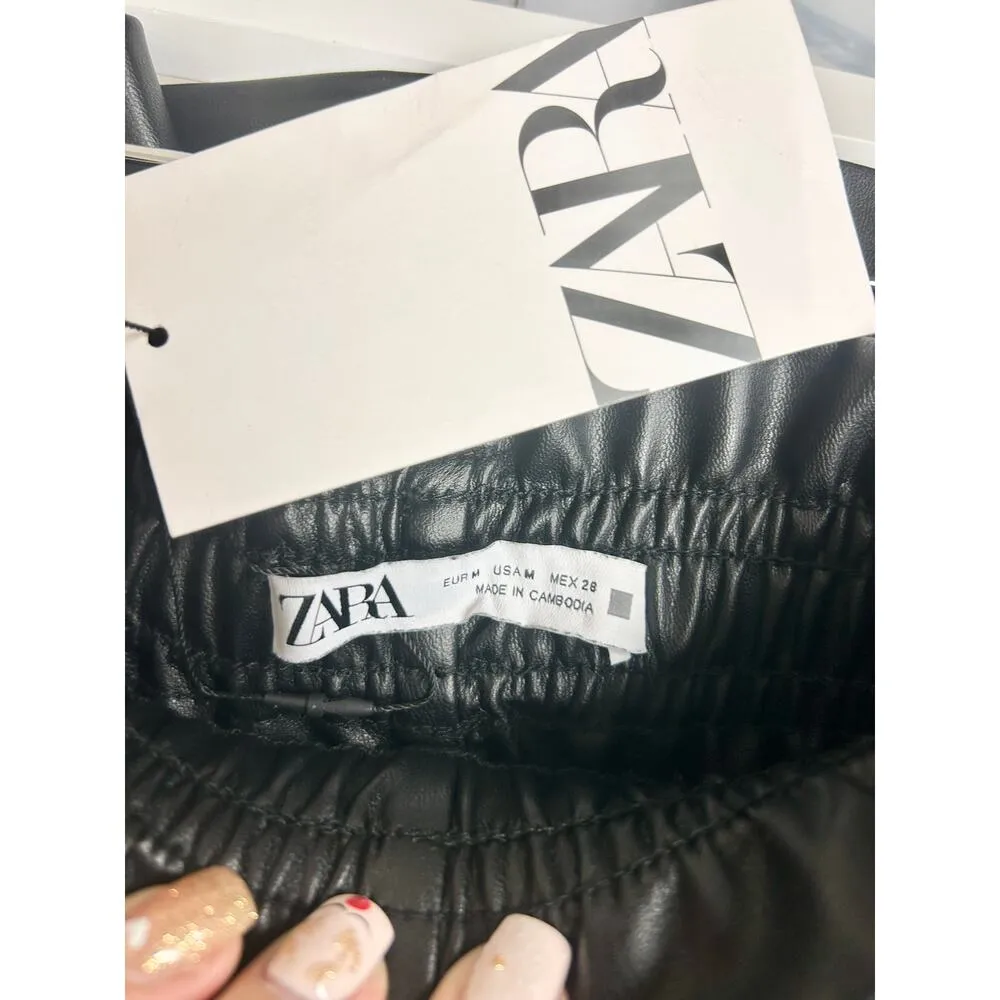 NWT Zara Faux Leather Elastic Waist Belted Paperbag Short Black Women's Size M - Image 3